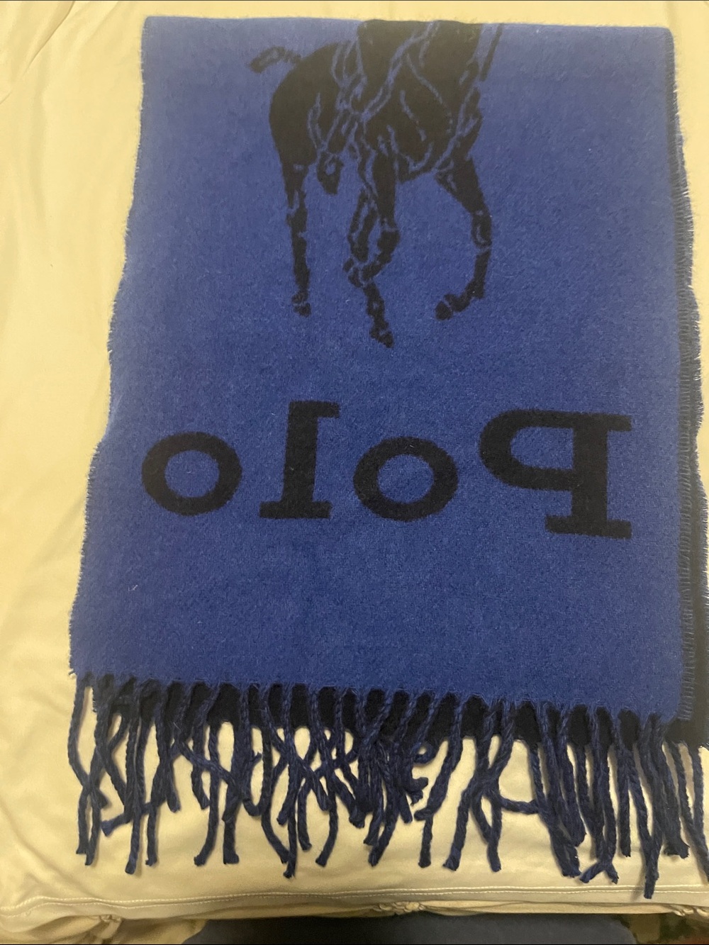 Polo by Ralph Lauren Royal Blue and Black Logo Fringe Scarf